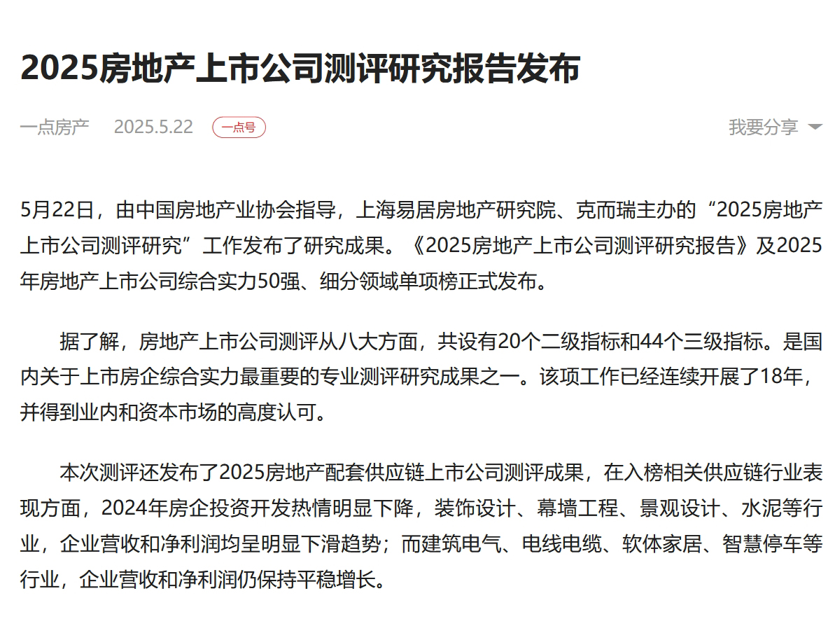 2025房地产上市公司测评研究报告发布