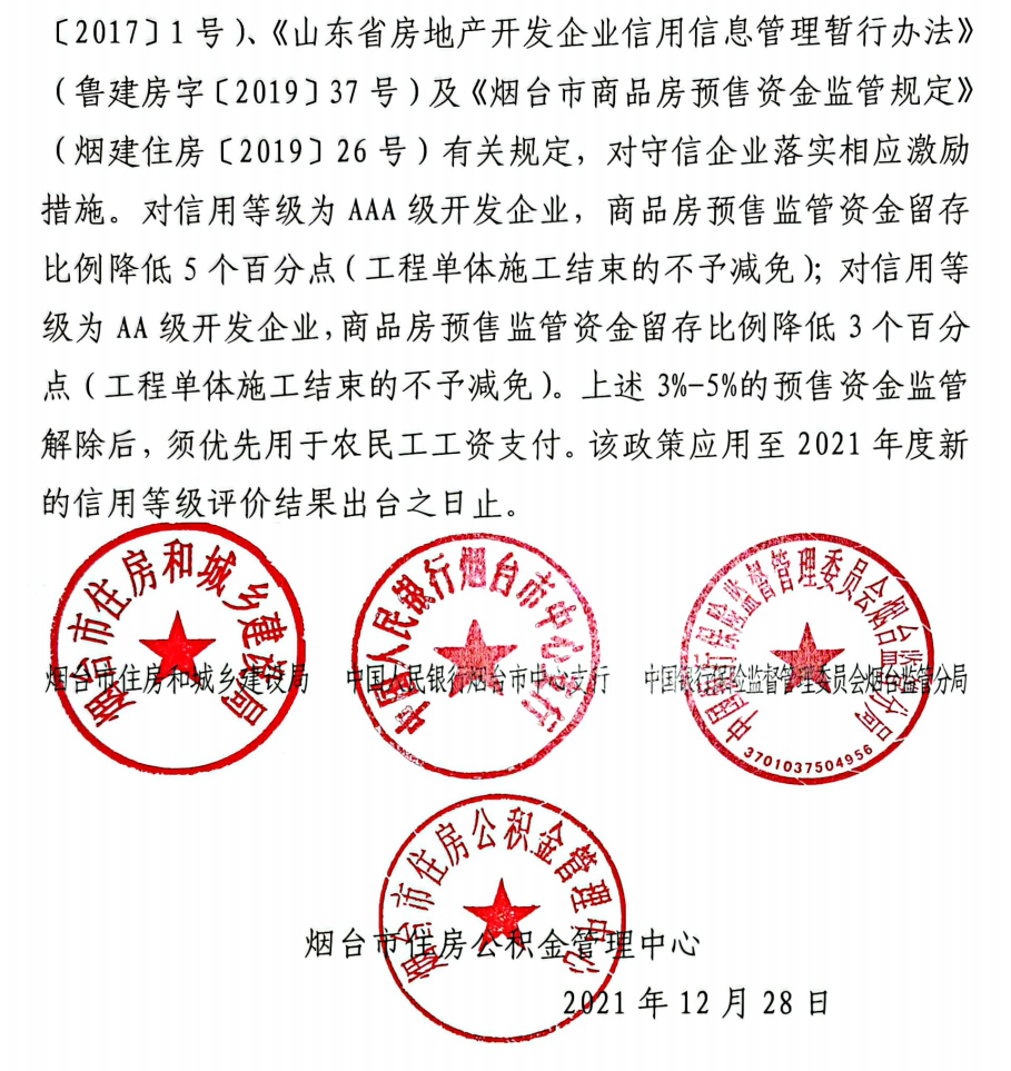 关于对烟台市2020年度守信房地产开发企业实施激励措施的通知